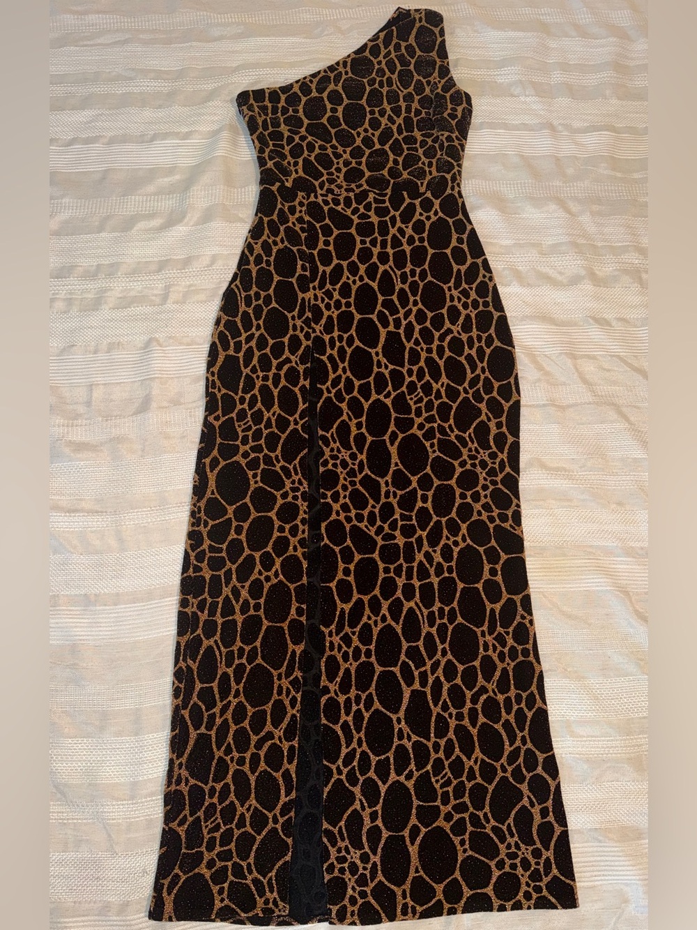 One-Shoulder Black and Brown Patterned Maxi Dress